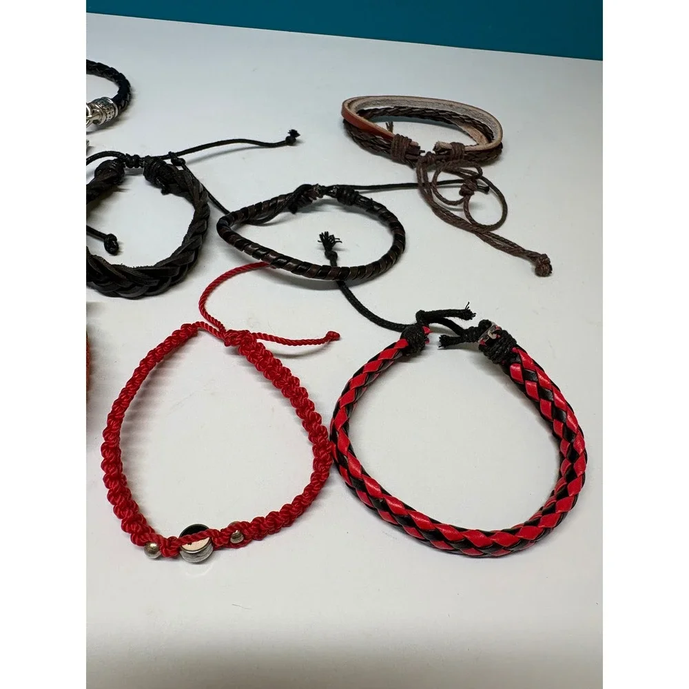 Lot of 7 Mens Braided Leather Paracord Woven Bracelets Cross Charm Black Red